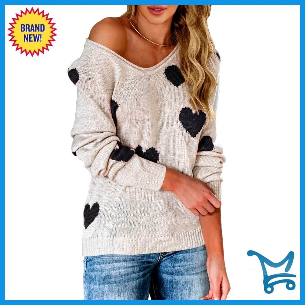 Oversized Knitted Pullover Sweater Sexy V Neck Drop Shoulder Heart Print Y2K